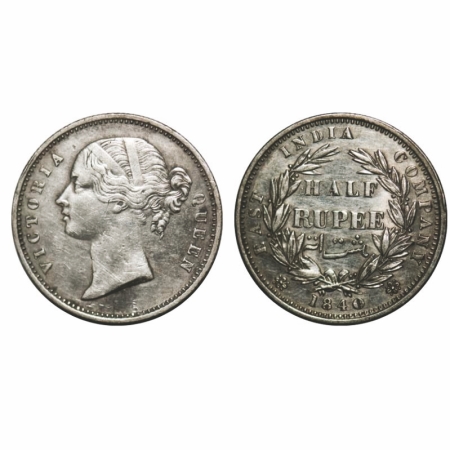 Victoria Queen, Silver, Half Rupee, 1840, DL, Calcutta Mint, .W.W incused, Vertical stroke