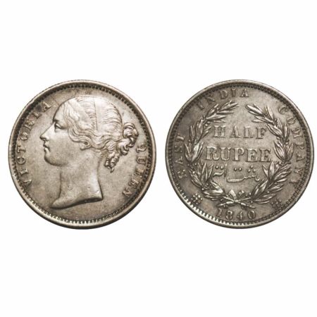 Victoria Queen, Silver. Half Rupee, 1840, DL, Madras Mint, W.W incused, Wreath with 24 Ber
