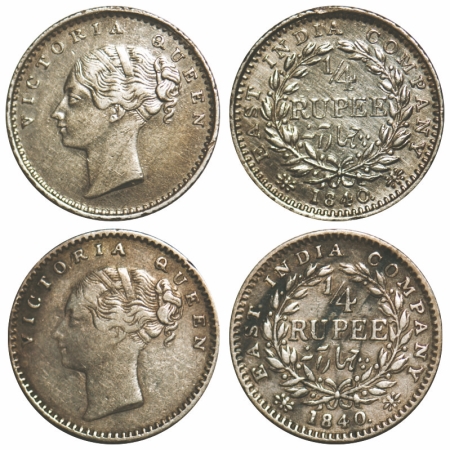 Victoria Queen, Silver, 1/4 Rupee, (2 coins), 1840, CL, 1) Calcutta Mint, A/I, 2) Madras M