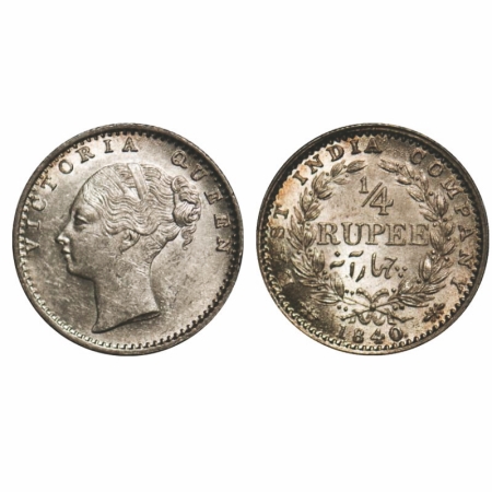 Victoria Queen, Silver, 1/4 Rupee, 1840, CL, Calcutta Mint, C/II, Indian Head, Wreath with