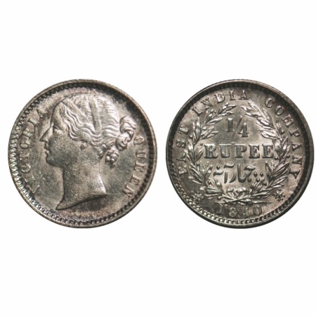 Victoria Queen, Silver, 1/4 Rupee, 1840, DL, Bombay Mint, W.W. raised, Wreath with 10 Berr