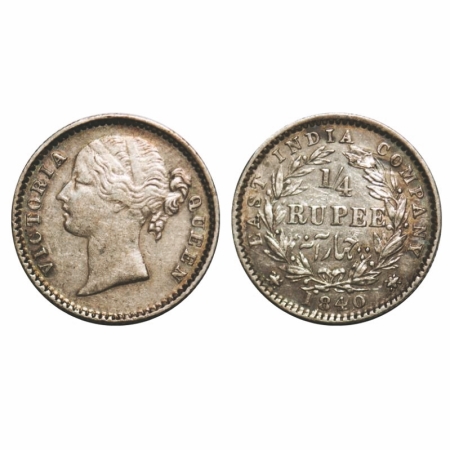 Victoria Queen, Silver, 1/4 Rupee, 1840, DL, Madras Mint, W.W. 'S' raised, Wreath with 10 