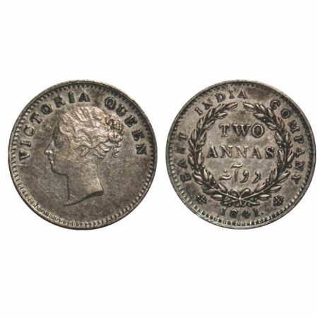 Victoria Queen, Silver, 2 Annas, 1841, CL, Calcutta Mint, A(a)/I, Plain edge, Curl of hair