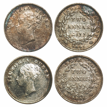 Victoria Queen, Silver, 2 Annas, (2 coins), 1841, CL, 1) Calcutta Mint, A(a)/I, Plain edge
