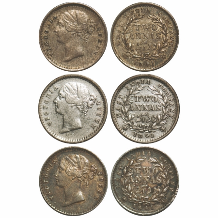 Victoria Queen, Silver, 2 Annas, (3 coins), 1841, DL, 1) Calcutta Mint, W.W. raised 9 Berr