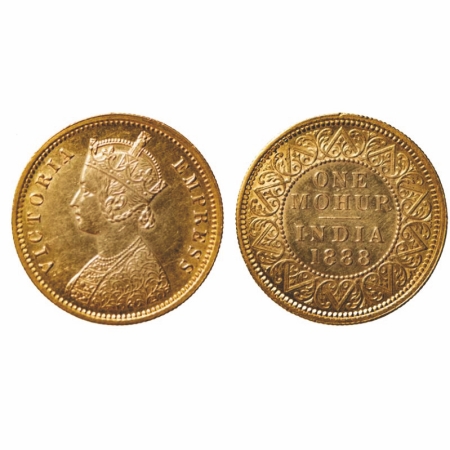 Victoria Empress, Gold Mohur, 1888, (Two flower type & V in relief). F.Prid. 22. Extremely