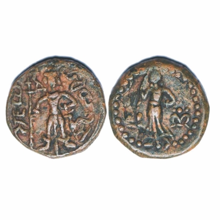 Yaudheya, Karttikeya-Devasena type, Copper Unit, 11.48g, 24.54x24.97mm, Obv: Karttikeya (G