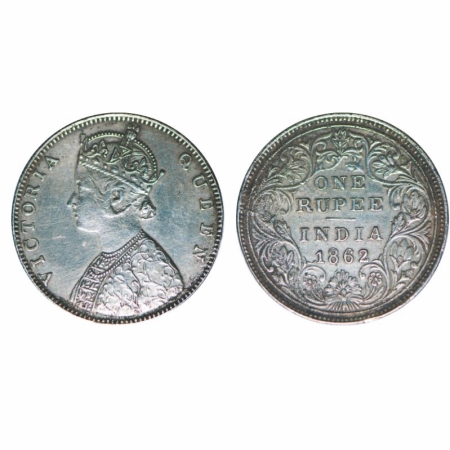 Victoria Queen, Silver, Rupee, 1862, Bombay Mint, D/II, Queen's jabot has 4 & 3/4 or 5 pan