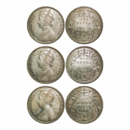 Victoria Empress, Silver, Rupee (3 coins), 1880, Bombay Mint, 1) A3/II(i), Dot, Ghost on R