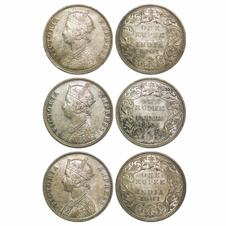 Victoria Empress, Silver, Rupee, (3 coins), 1901, Bombay Mint, A3(i)/I(ii), 1) 'B' incused