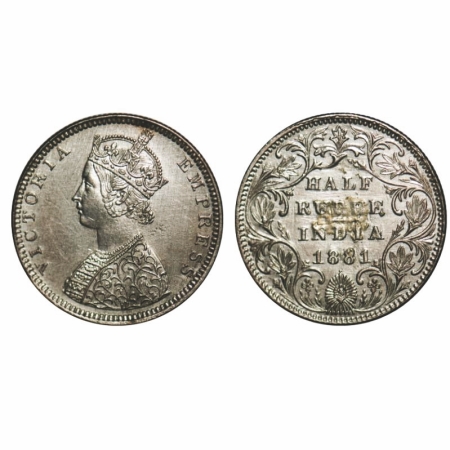 Victoria Empress, Silver, Half Rupee, 1881, Bombay Mint, B2/II, Dot, The Queen's jabot has