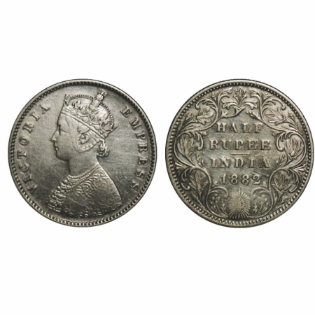 Victoria Empress, Silver, Half Rupee, 1882, Bombay Mint, A/II, Dot, The Queen's jabot has 