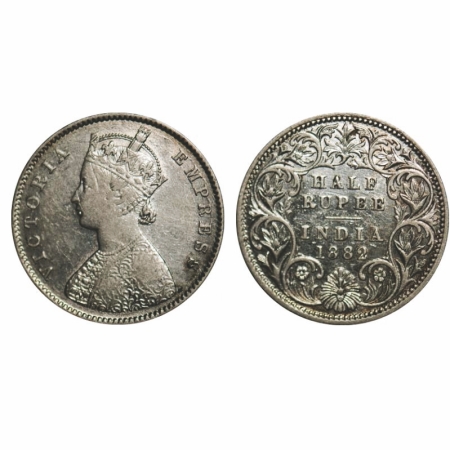 Victoria Empress, Silver, Half Rupee, 1882, Calcutta Mint, A/I, 'C' incused, The Queen's j