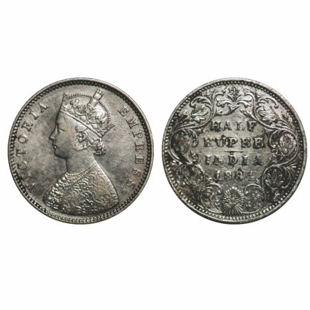 Victoria Empress, Silver, Half Rupee, 1884, Bombay Mint, A/II(i), No dot, Centre vertical