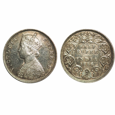 Victoria Empress, Silver, Half Rupee, 1886, Calcutta Mint, A/I, 'C' incused, The Queen's j