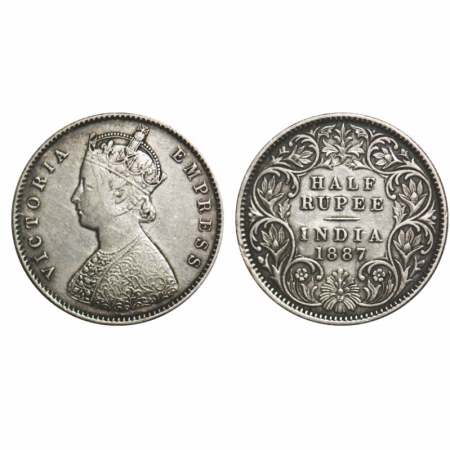Victoria Empress, Silver, Half Rupee, 1887, Calcutta Mint, A/I, 'C' incused, The Queen's j