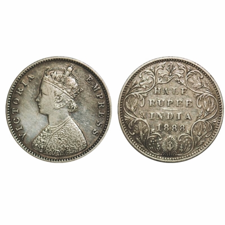 Victoria Empress, Silver, Half Rupee, 1888, Bombay Mint, A/II(i), 'B' raised, The top flow