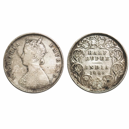 Victoria Empress, Silver, Half Rupee, 1888, Calcutta Mint, A/I, 'C' incused, The Queen's j
