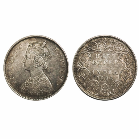 Victoria Empress, Silver, Half Rupee, 1892, Bombay Mint, A/I, 'B' incused, The Queen's jab