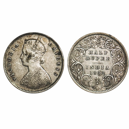 Victoria Empress, Silver, Half Rupee, 1892, Calcutta mint, A/I, 'C' incused, The Queen's j