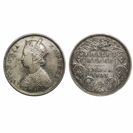 Victoria Empress, Silver, Half Rupee, 1893, Calcutta Mint, A/I, 'C' incused, The Queen's j