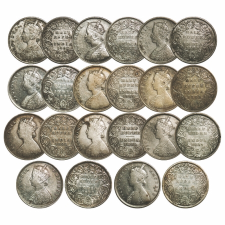 Victoria Queen And Empress, Silver, Half Rupee, (Lot of 11 coins), 1) 1862, Calcutta Mint,