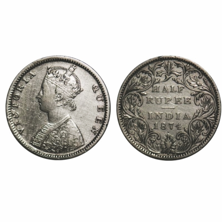 Victoria Queen, Silver, Half Rupee, 1874, Bombay Mint, B2/II, Dot, The truncation of the b