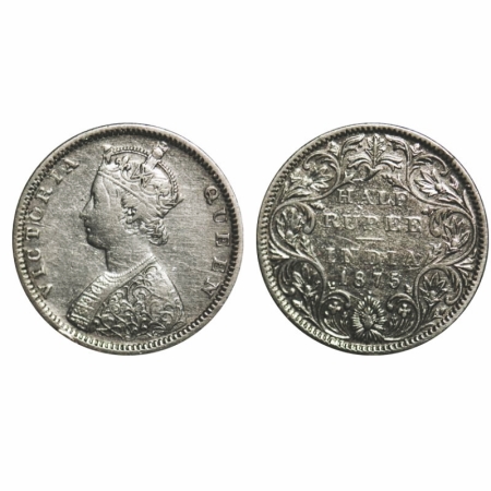 Victoria Queen, Silver, Half Rupee, 1875, Bombay Mint, B1/II, Dot, The Queen's jabot has 4