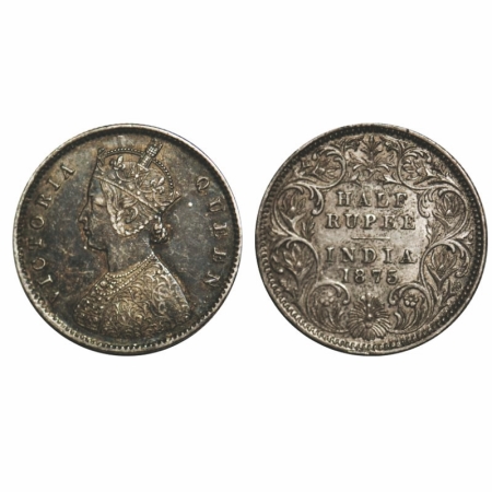 Victoria Queen, Silver, Half Rupee, 1875, Calcutta mint, A/I, No mint mark, Numeral 7 tilt