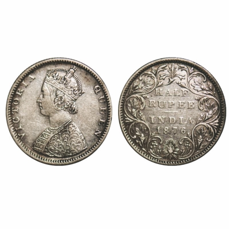 Victoria Queen, Silver, Half Rupee, 1876, Bombay Mint, B2/II. Dot, The Queen's jabot has 4