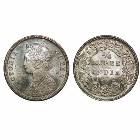 Victoria Queen, Silver, 1/4 Rupee, 1862, Calcutta Mint, A/I, The Queens jabot has 4 comple
