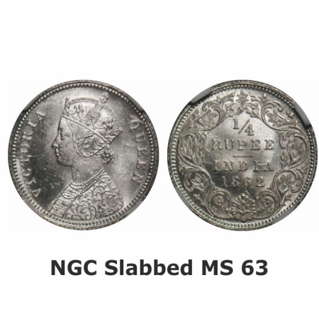 Victoria Queen, Silver, 1/4 Rupee, 1862, Calcutta Mint, A/I, The Queens jabot has 4 comple