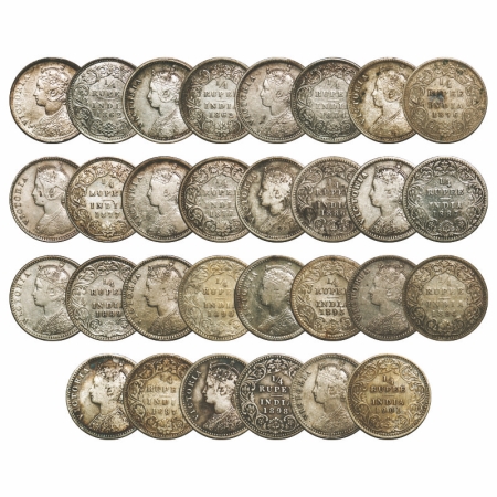 Victoria Queen, Silver, 1/4 Rupee, (Lot of 15 coins), 1) 1862, Calcutta Mint, A/I, 2) 1862