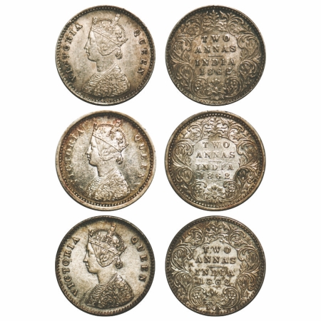 Victoria Queen, Silver, 2 Annas (3 coins), 1862, 1) Calcutta Mint, A/I, Bottom flower top 