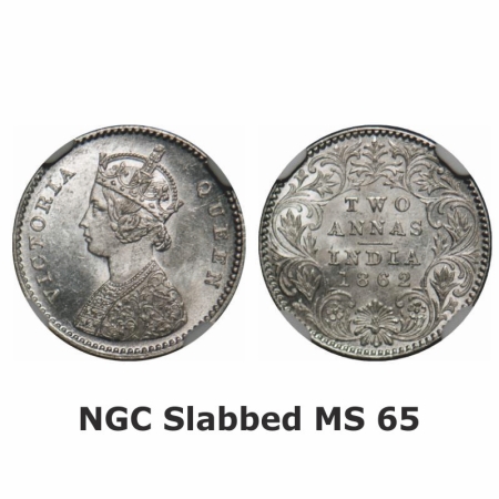 Victoria Queen, Silver, 2 Annas, 1862, Calcutta Mint, A/I, Bottom flower center top petal 