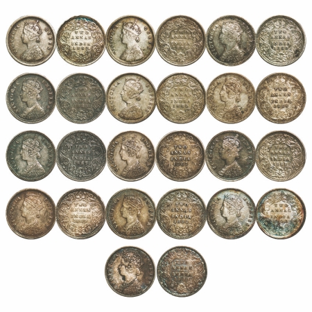 Victoria Queen and Empress, Silver, 2 Annas (Lot of 13 coins), 1) 1862, Madras Mint, A/I, 