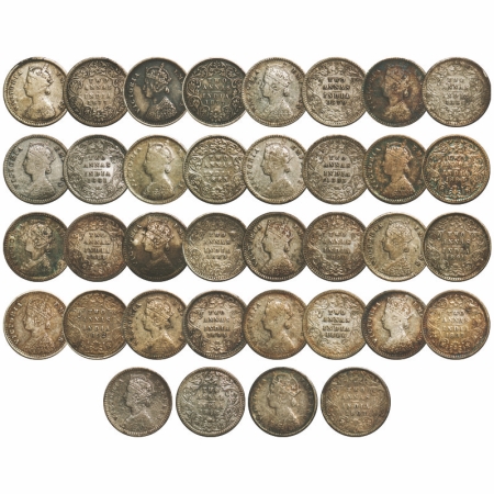 Victoria Empress, Silver, 2 Annas (Lot of 18 coins), 1) 1877, Bombay Mint A/I, Dot, 2) 187