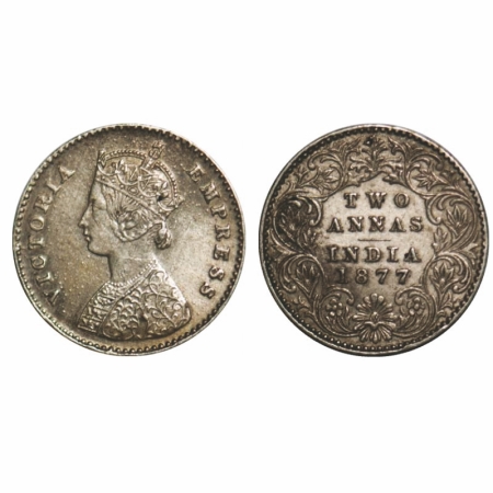 Victoria Empress, Silver, 2 Annas, 1877, Calcutta Mint, A/I, No mint mark. GK 748. Very Fi
