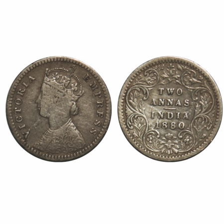 Victoria Empress, Silver, 2 Annas, 1880, Calcutta Mint, B/II, 'C' incused. GK 754. Fine. S