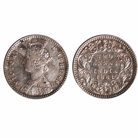 Victoria Empress, Silver, 2 Annas, 1881, Calcutta mint, B/II, 'C' incused, Ghost on Obv. G