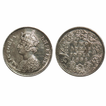Victoria Empress, Silver, 2 Annas, 1884, Bombay Mint, A/I,No dot. GK 769. Extremely Fine+.