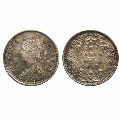 Victoria Empress, Silver, 2 Annas, 1892, Bombay Mint, B/II, 'B' incused. GK 796. Extremely