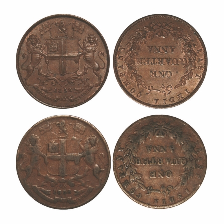 Victoria Queen, Copper, Quarter Anna, (2 coins), 1858, 1) J. Watt & Co., Birmingham Mint, 