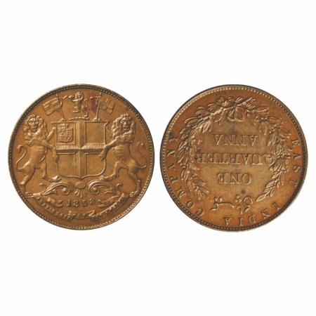 Victoria Queen, Copper, Quarter Anna, 1858, J. Watt & Co., Birmingham Mint, Single leaf, Y