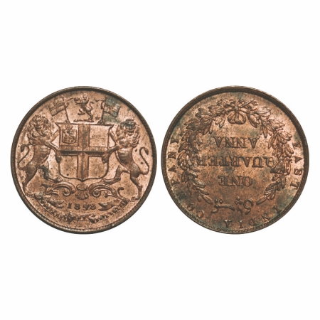 Victoria Queen, Copper, Quarter Anna, 1858, J. Watt & Co., Birmingham Mint, Single leaf, Y