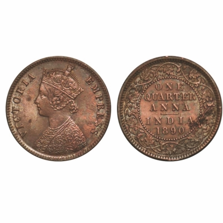 Victoria Empress, Copper, Quarter Anna, 1890, Calcutta Mint, B/II, No mint mark, Ghost on 