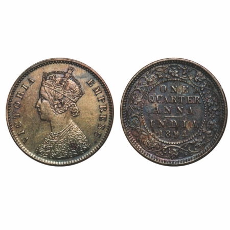 Victoria Empress, Copper, Quarter Anna, 1894, Calcutta Mint, B/II, No mint mark. GK 853. U