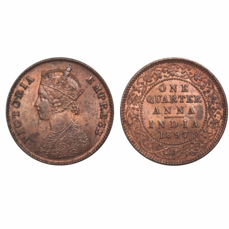 Victoria Empress, Copper, Quarter Anna, 1897, Calcutta Mint, B/II, No mint mark, Alphabate