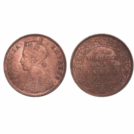 Victoria Empress, Copper, Quarter Anna, 1899, Calcutta Mint, B/II, No mint mark. GK 858. U