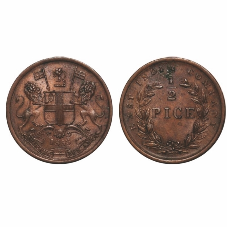 Victoria Queen, Copper, 1/2 Pice, 1853, Calcutta Mint, B/I, Wreath with 19 Berries (10L +